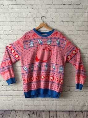 Nintendo Pink Kirby Crewneck Sweater with Blue Trim